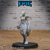 Front view of an unpainted grey resin 32mm miniature of an armoured female werewolf by Epic Miniatures — mid-stride pose with one clawed foot raised, wearing layered plate and scale armour with pauldrons, a sigil-engraved breastplate, and a flowing tabard, with a wolf's head, long curved talons, and a thick fur mane. Medium 25.5mm base visible.