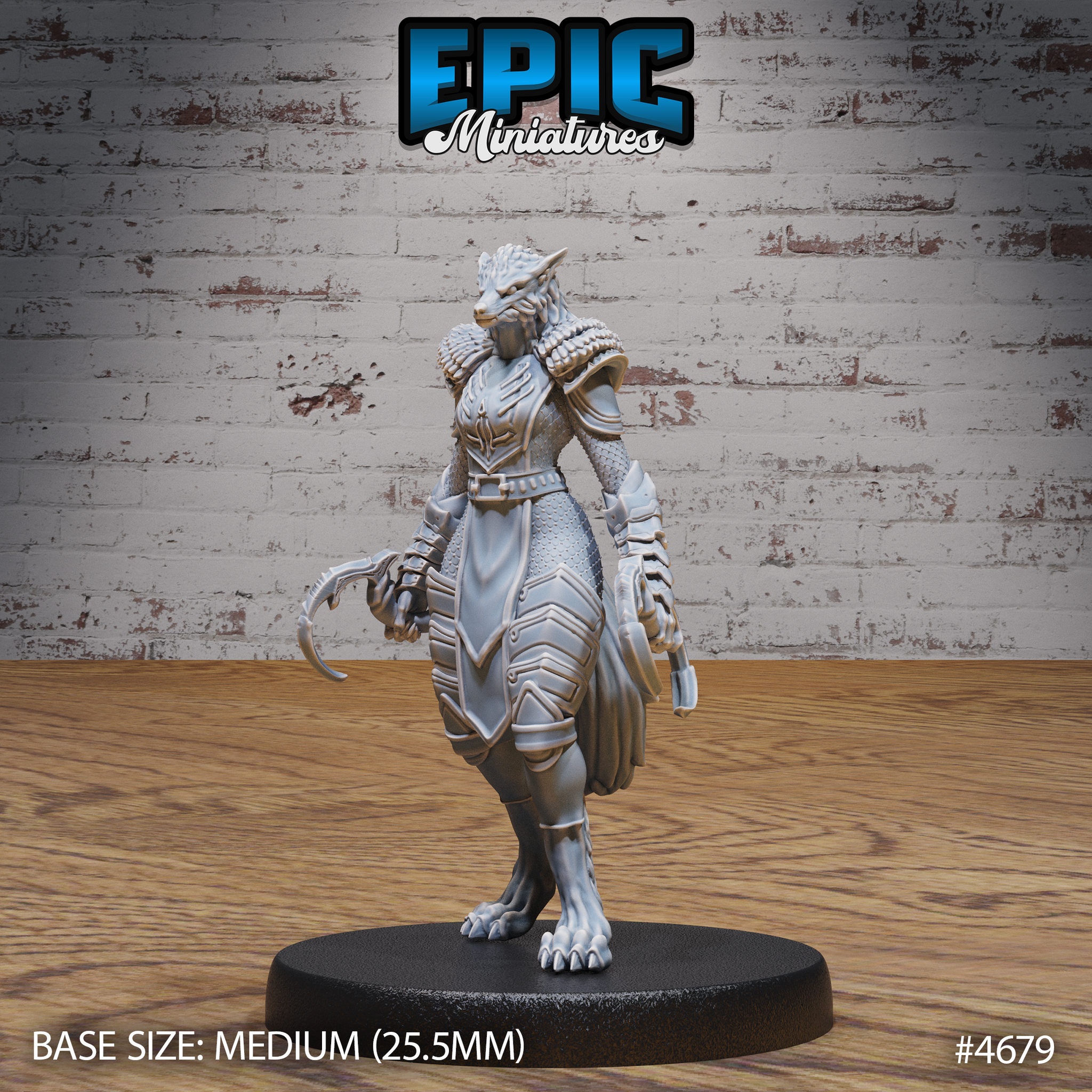 Front view of an unpainted grey resin 32mm miniature of an armoured female werewolf by Epic Miniatures — mid-stride pose with one clawed foot raised, wearing layered plate and scale armour with pauldrons, a sigil-engraved breastplate, and a flowing tabard, with a wolf's head, long curved talons, and a thick fur mane. Medium 25.5mm base visible.