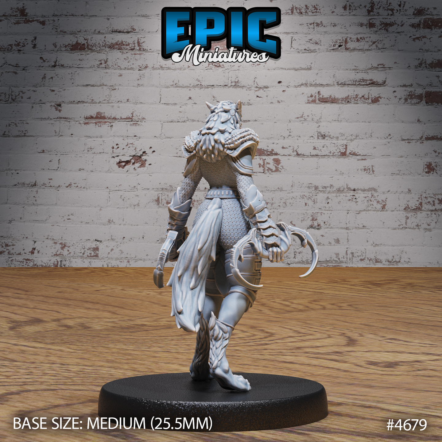 Rear view of the same unpainted grey resin armoured female werewolf miniature by Epic Miniatures — showing articulated back armour, feathered leg guards, a sweeping fur mane over the shoulders, and a curved tail with large hooked claws visible at the side. Medium 25.5mm base visible.