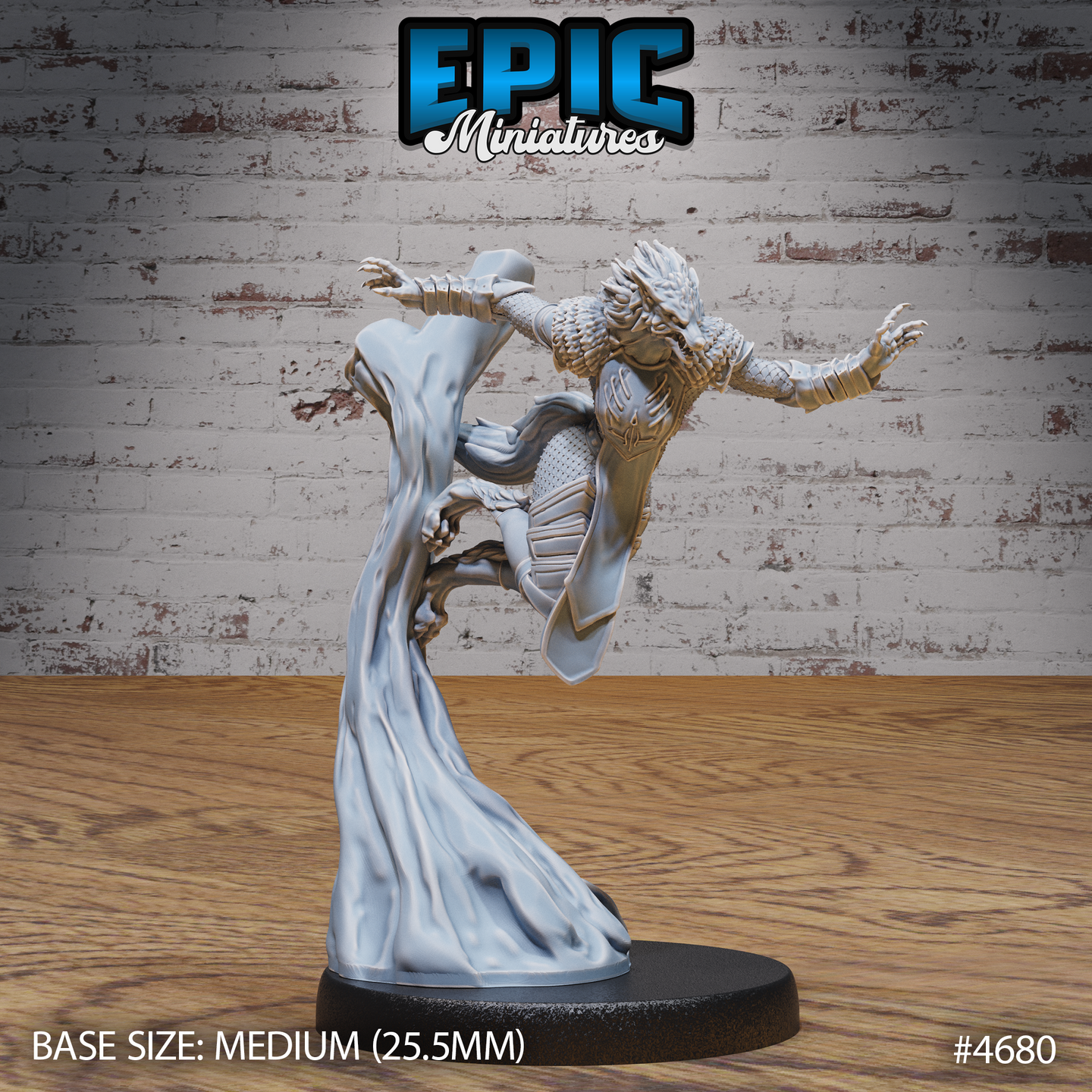 Unpainted grey resin miniature of an armoured female werewolf mid-leap, arms outstretched and claws extended, wearing interlocking scale plate armour with chainmail beneath, mounted on a flowing spectral sculpted base — front view, 32mm scale by Epic Miniatures