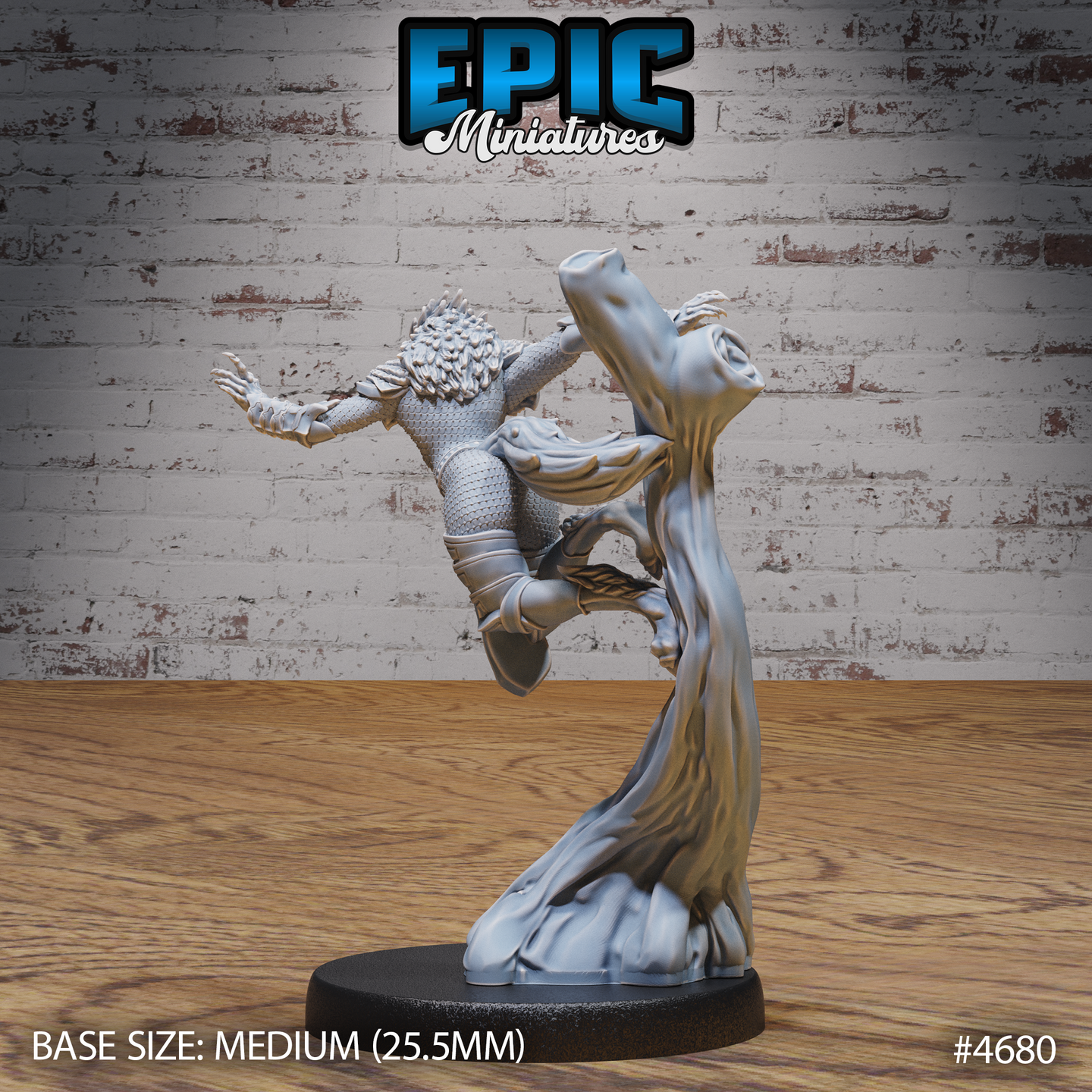 Rear view of unpainted grey resin armoured female werewolf miniature showing raised knee mid-jump pose, wild fur crown, trailing cloak-like base, and detailed scale armour plates — 32mm scale by Epic Miniatures