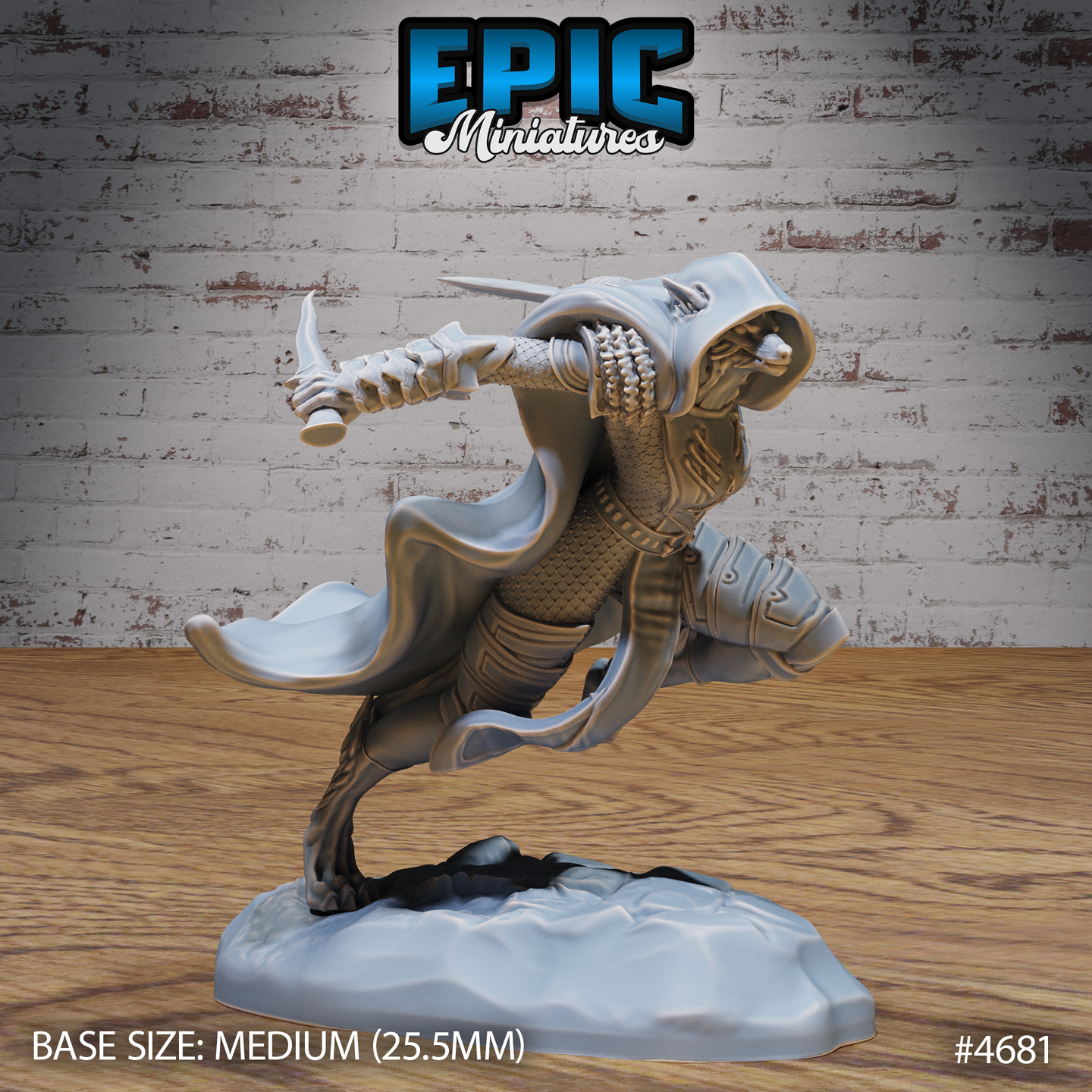 Unpainted grey resin miniature of an armoured female werewolf mid-lunge, cloak billowing behind her, right arm extended forward gripping a dagger in an overhand strike, left hand holding a reverse-grip dagger, wearing scale armour with segmented bracers, muzzle open in a snarl, sculpted by Epic Miniatures, 32mm scale on a medium rocky base