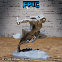 Unpainted grey resin miniature of an armoured female werewolf mid-lunge, cloak billowing behind her, right arm extended forward gripping a dagger in an overhand strike, left hand holding a reverse-grip dagger, wearing scale armour with segmented bracers, muzzle open in a snarl, sculpted by Epic Miniatures, 32mm scale on a medium rocky base