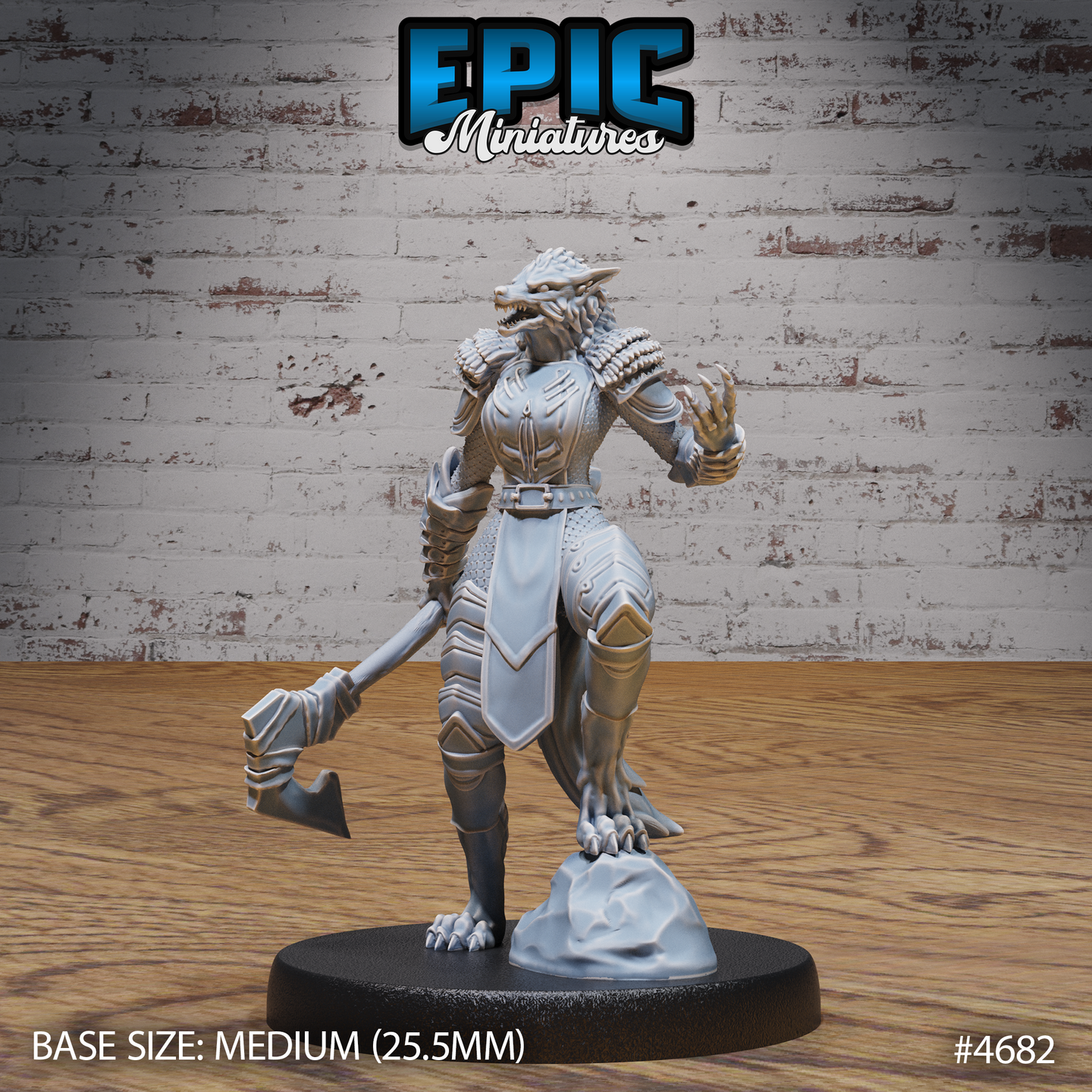 Front view of an unpainted grey resin 32mm miniature of an armoured female werewolf, holding a hand axe at her side with one clawed hand raised, wearing detailed plate armour over chainmail with a flowing tabard, standing on a rocky outcrop base — sculpted by Epic Miniatures