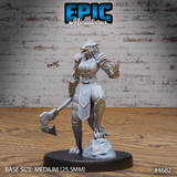 Front view of an unpainted grey resin 32mm miniature of an armoured female werewolf, holding a hand axe at her side with one clawed hand raised, wearing detailed plate armour over chainmail with a flowing tabard, standing on a rocky outcrop base — sculpted by Epic Miniatures