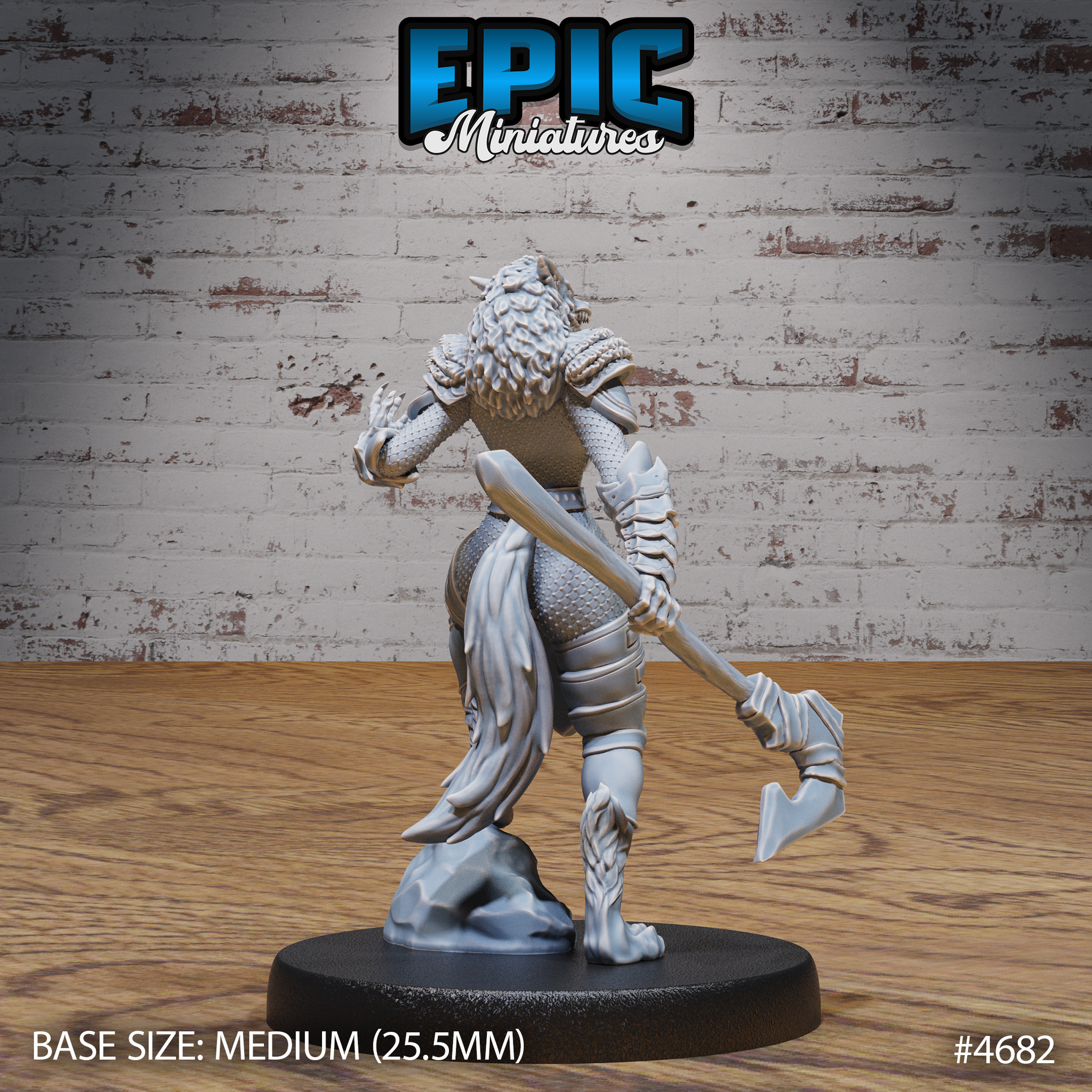 Rear view of the same unpainted grey resin armoured female werewolf miniature, showing a dense fur mane cascading between articulated pauldrons, scale-detailed armour on the back, and the hand axe held low — Epic Miniatures sculpt on a medium 25.5mm base