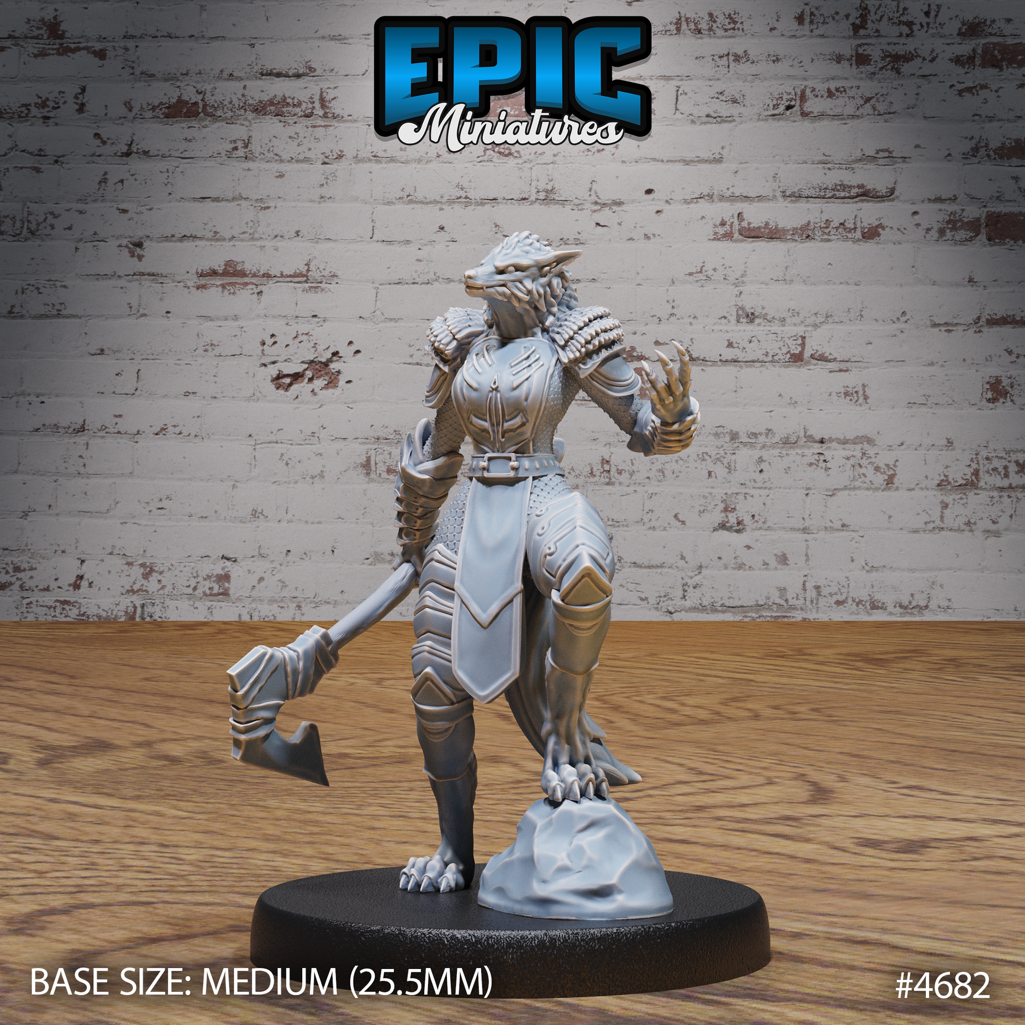 Three-quarter front view of the unpainted grey resin armoured female werewolf miniature by Epic Miniatures, highlighting the snarling wolf head with swept-back ears, layered brow detail, raised clawed gauntlet, and chevron-detailed leg armour on a rocky scenic base