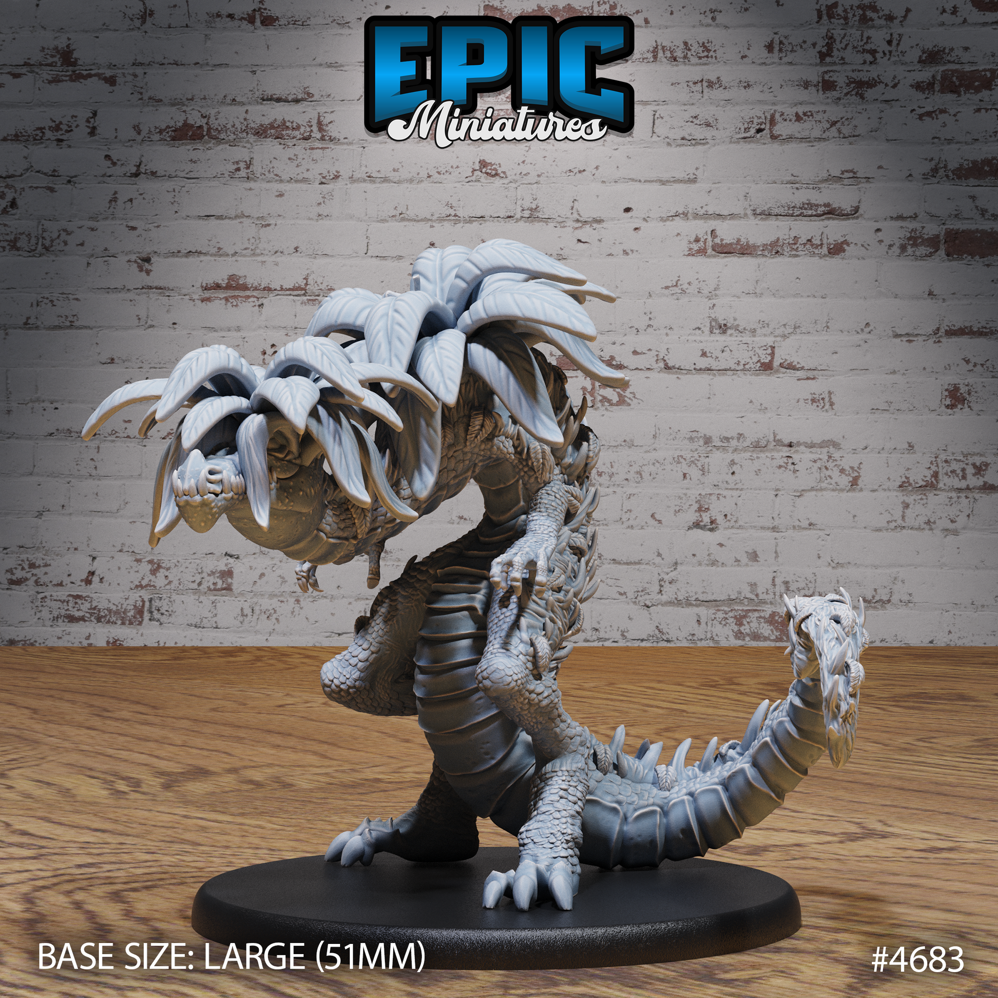 Front view of an unpainted grey resin Hunting Reptile miniature on a 51mm large black base — a large bipedal reptilian creature with a crown of broad arching leaves, scaled armoured body, grasping taloned forearms, and a spiked serpentine tail curling to the right