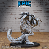 Rear three-quarter view of the unpainted grey resin Hunting Reptile miniature showing the heavily scaled back, layered leaf protrusions along the spine, coiled spiked tail, and powerful scaled haunches on a 51mm large black base