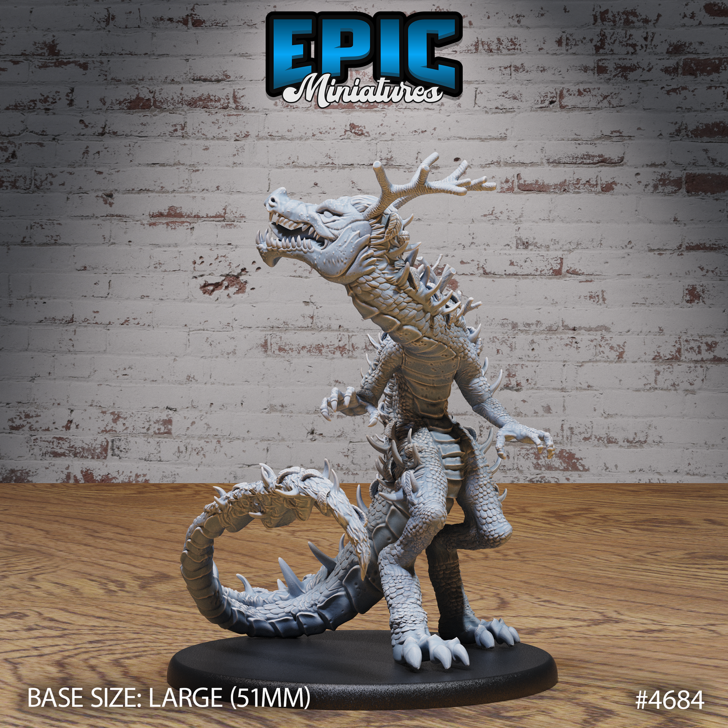 Unpainted grey resin Hunting Reptile miniature from Epic Miniatures — front three-quarter view showing a bipedal reptilian creature with branching antlers, open jaws, raised clawed arms, heavy spines along the back, and a coiled spiked tail curling around a 51mm oval base