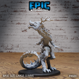 Unpainted grey resin Hunting Reptile miniature from Epic Miniatures — front three-quarter view showing a bipedal reptilian creature with branching antlers, open jaws, raised clawed arms, heavy spines along the back, and a coiled spiked tail curling around a 51mm oval base
