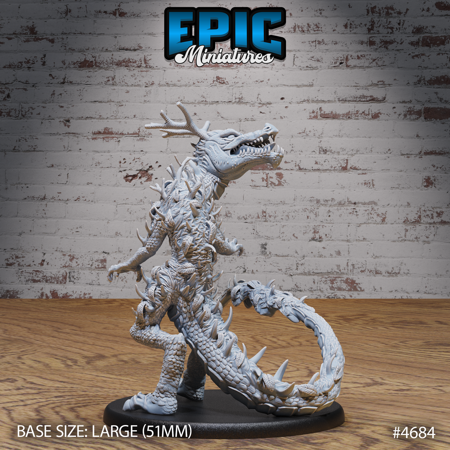 Unpainted grey resin Hunting Reptile miniature from Epic Miniatures — side profile view highlighting the dense overlapping scale texture, prominent dorsal spines, antlered skull turned to one side in a snarling pose, and the full length of the spiked tail sweeping behind the 51mm oval base