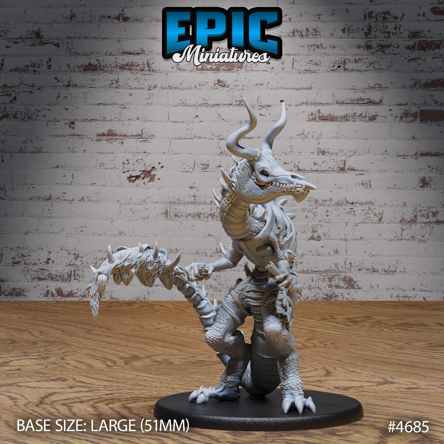 Front view of an unpainted grey resin Hunting Reptile Bones miniature by Epic Miniatures — a large upright draconic creature with curved horns, fanged skull, spiked scale armour, outstretched clawed arm, and swept-out spiked tail, mounted on a large 51mm black base