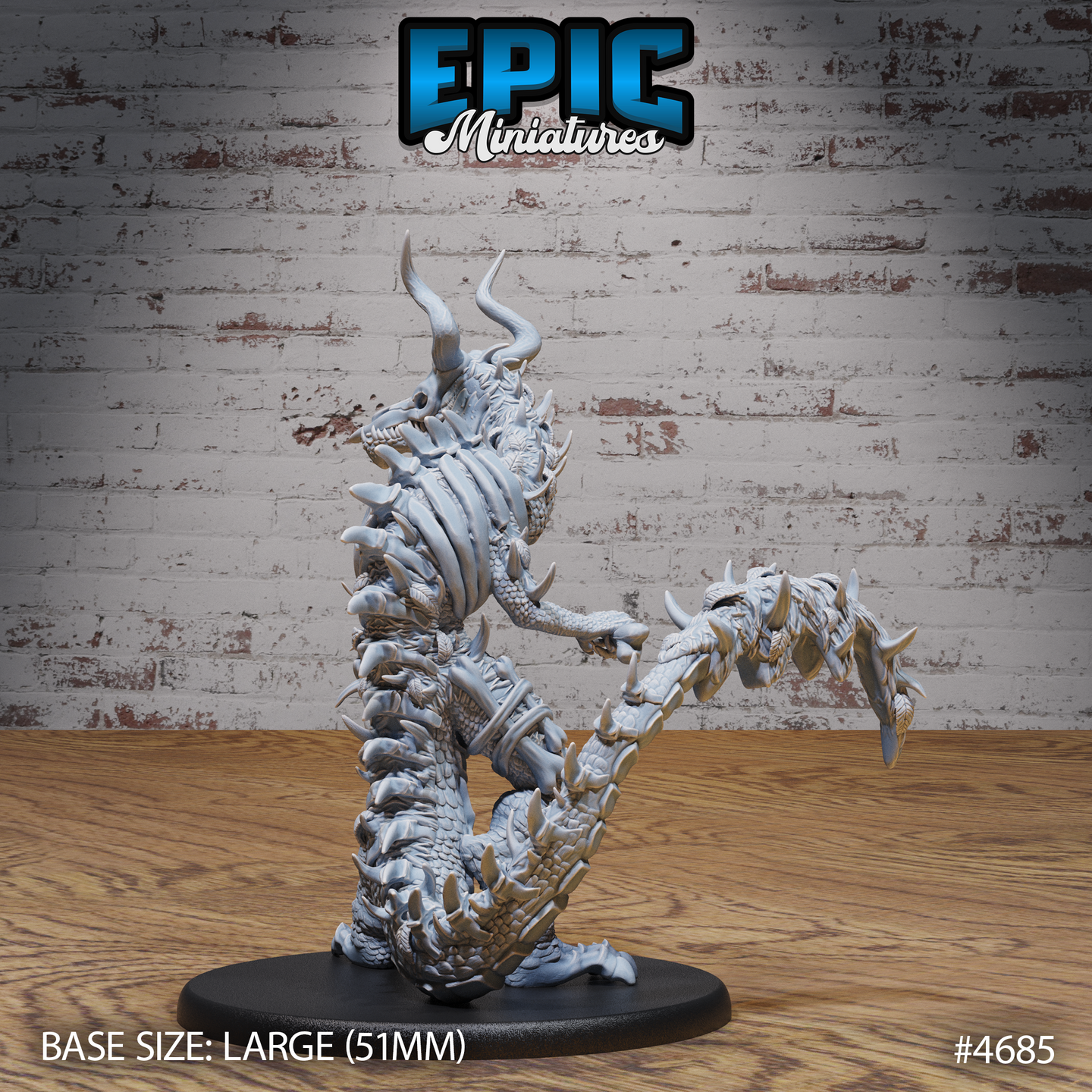 Rear three-quarter view of the unpainted grey resin Hunting Reptile Bones miniature showing the heavily ridged and spiked tail curving outward, layered scale-plates along the back and legs, and exposed bone-like dorsal ridges, on a large 51mm black base