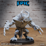 Front view of an unpainted grey resin Skull Bear miniature by Epic Miniatures — a horned, bear-like demon in a crouching attack pose with multi-taloned claws, skull-decorated chest armour, and a belt of small skulls, on a medium 25.5mm round base
