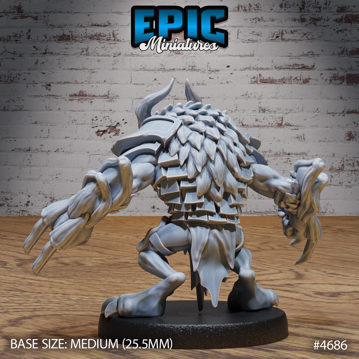Rear view of the unpainted grey resin Skull Bear miniature showing broad shoulders covered in layered feather-like scales, swept-back horns, and powerful clawed arms spread wide in a threatening stance, on a medium 25.5mm round base