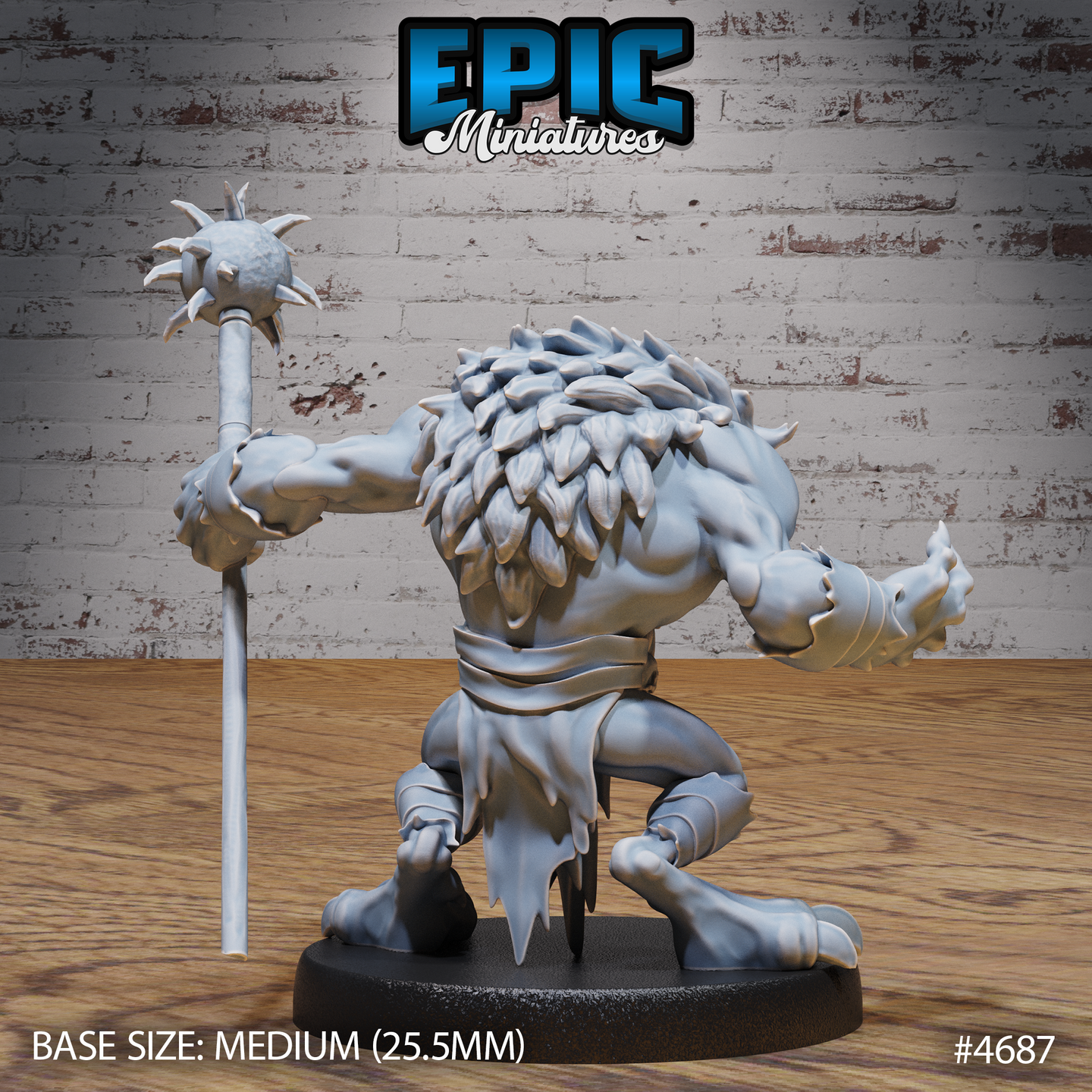 Rear view of the same unpainted grey resin bear warrior miniature showing a thick mantle of layered feathers or scales across the back and shoulders, the creature gripping its tall spiked staff, with wrapped forearm bindings and a tattered loincloth visible — medium 25.5mm base, Epic Miniatures product #4687