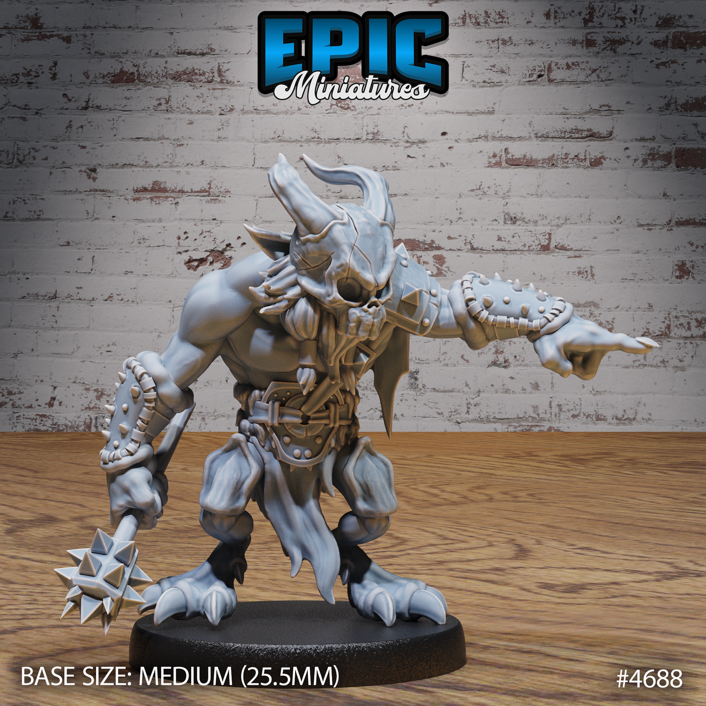 Front view of an unpainted grey resin 3D printed Skull Bear Command miniature by Epic Miniatures — a large horned beast warrior in an aggressive forward stance, one clawed hand outstretched and a spiked flail hanging from the other, with skull trophy armour, studded iron bracers, and digitigrade feet, on a medium 25.5mm round base