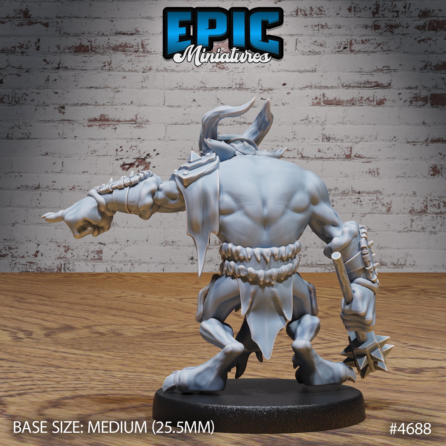 Rear view of the unpainted grey resin Skull Bear Command miniature by Epic Miniatures, showing the creature's heavily muscled back, ragged hide loincloth, swept-back horns, spiked bracers, and spiked flail handle gripped in the right hand, on a medium 25.5mm round base