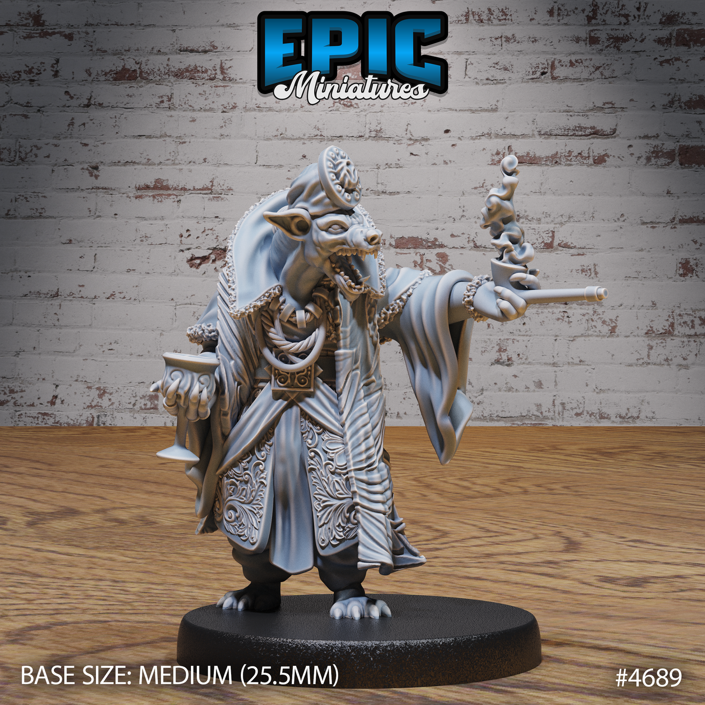Unpainted grey resin miniature of a Gnoll Tribe Noble — a stocky gnoll wearing ornate layered robes with floral-relief chest armour, a fur-trimmed capelet, and a decorative disc headdress, extending a long smoking pipe in one hand and holding a chalice in the other, mounted on a medium 25.5mm round base