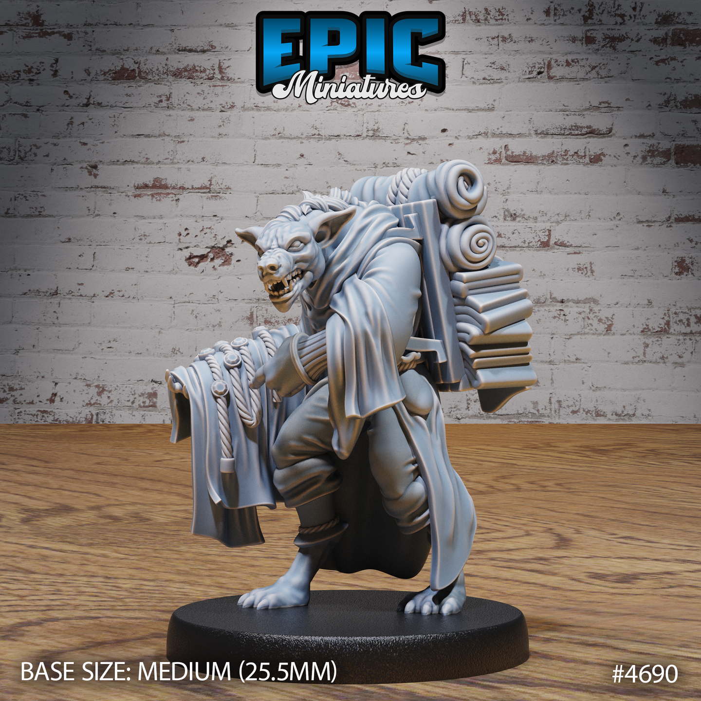 Unpainted grey resin 32mm miniature of a gnoll merchant in robes, crouching under a large pack stuffed with scrolls, tomes, and rope coils, holding cloth and rope in one clawed hand — front three-quarter view on a medium round base