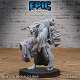 Unpainted grey resin 32mm miniature of a gnoll merchant in robes, crouching under a large pack stuffed with scrolls, tomes, and rope coils, holding cloth and rope in one clawed hand — front three-quarter view on a medium round base