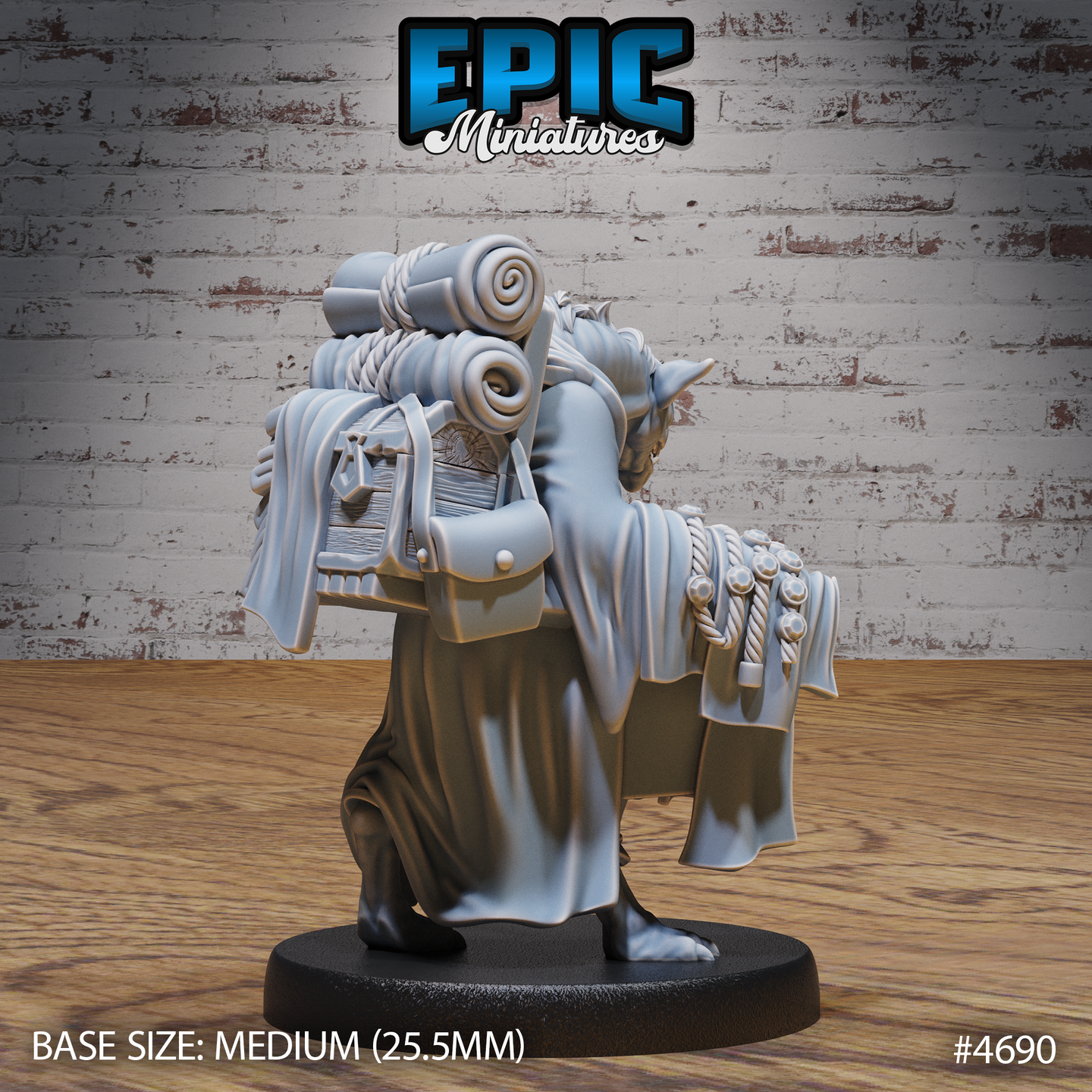 Unpainted grey resin 32mm gnoll merchant miniature shown from the rear, displaying a heavily laden back-pack with rolled scrolls, stacked books, a small ornate chest, pouches, and rope — rear three-quarter view on a medium round base