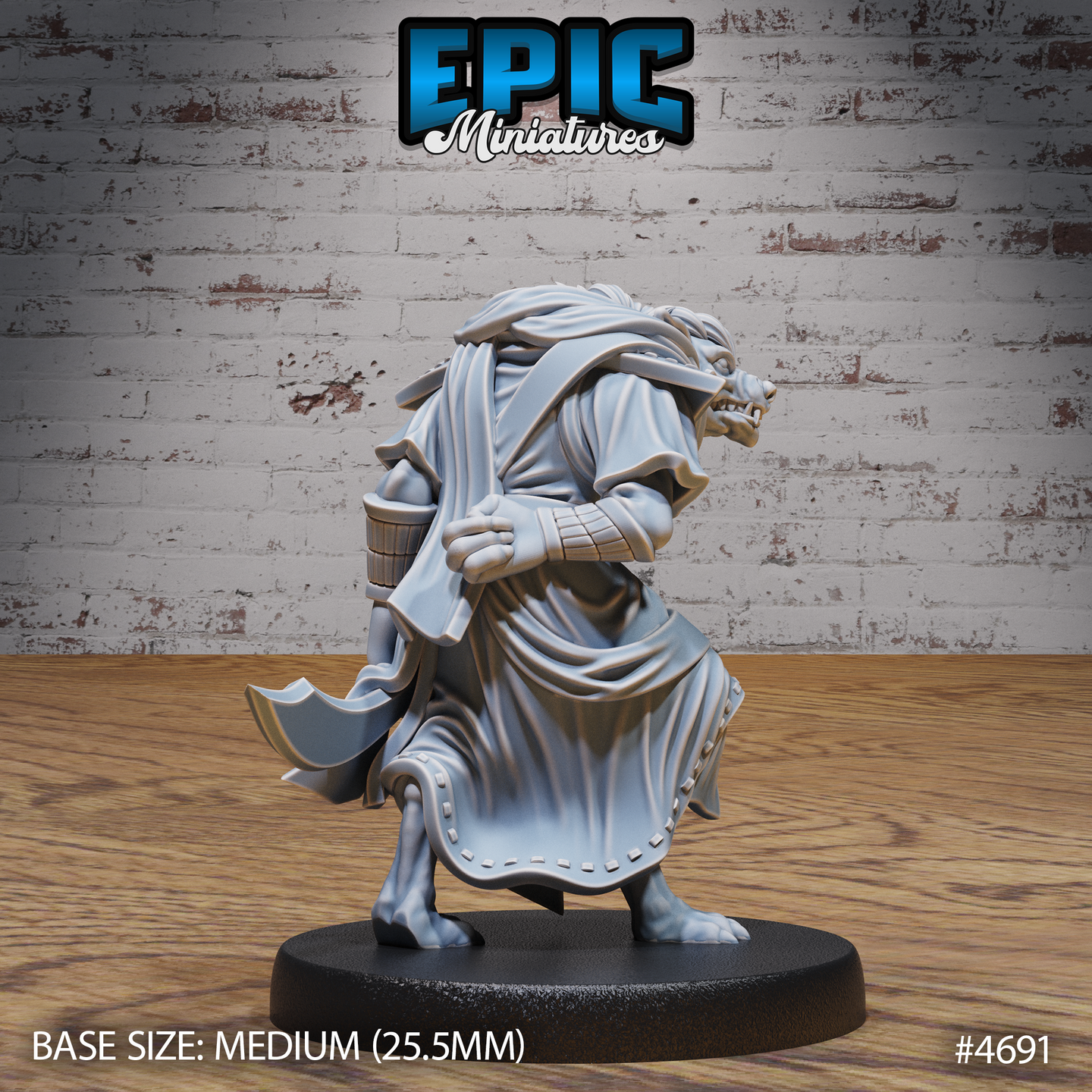 Unpainted grey resin 32mm Gnoll Tribe Rogue miniature by Epic Miniatures — rear three-quarter view showing full sweep of draped cloak with stitched hem detail, hand axe visible at the hip, on a medium 25.5mm black base