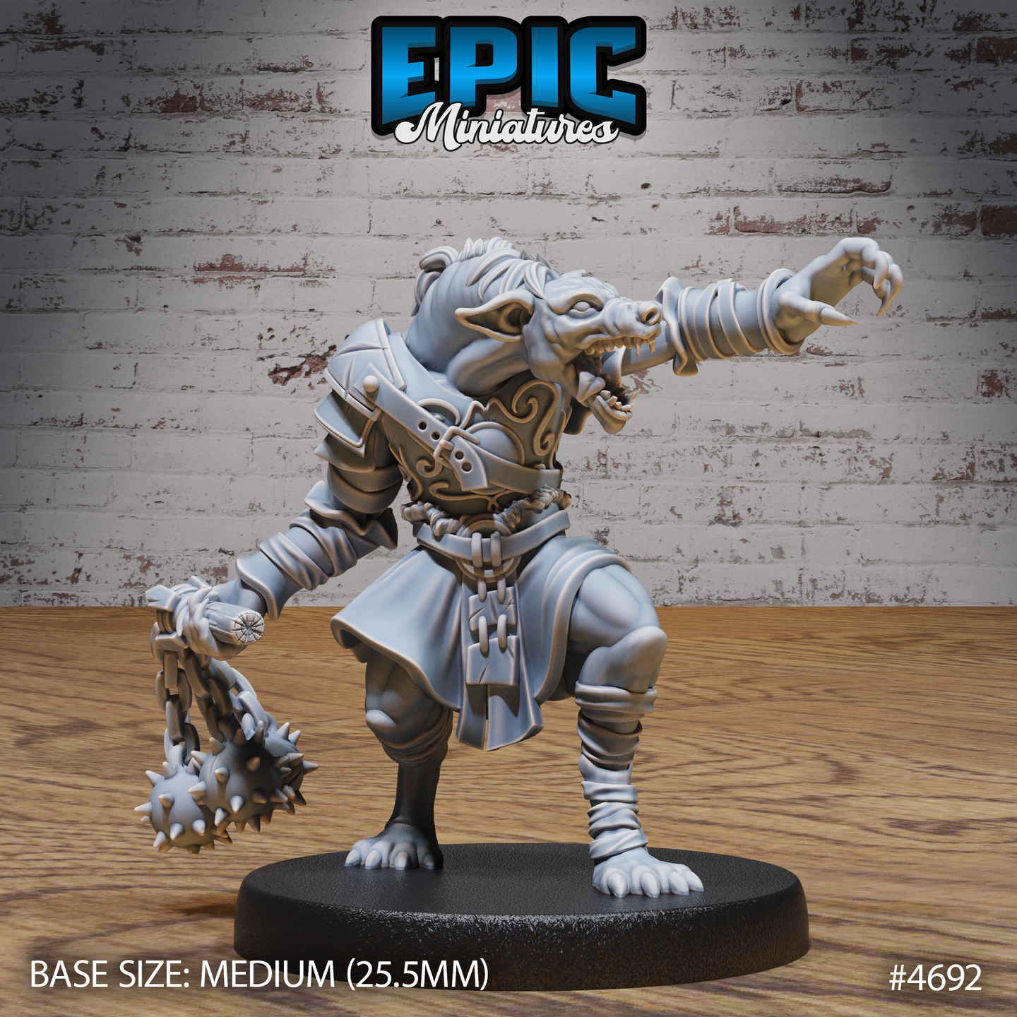 Front view of an unpainted grey resin gnoll warrior miniature at 32mm scale — armoured chest piece with engraved swirl details, snarling canine head with bared teeth, right hand trailing a spiked flail on a chain, left arm outstretched with clawed fingers extended, mounted on a 25.5mm medium round base