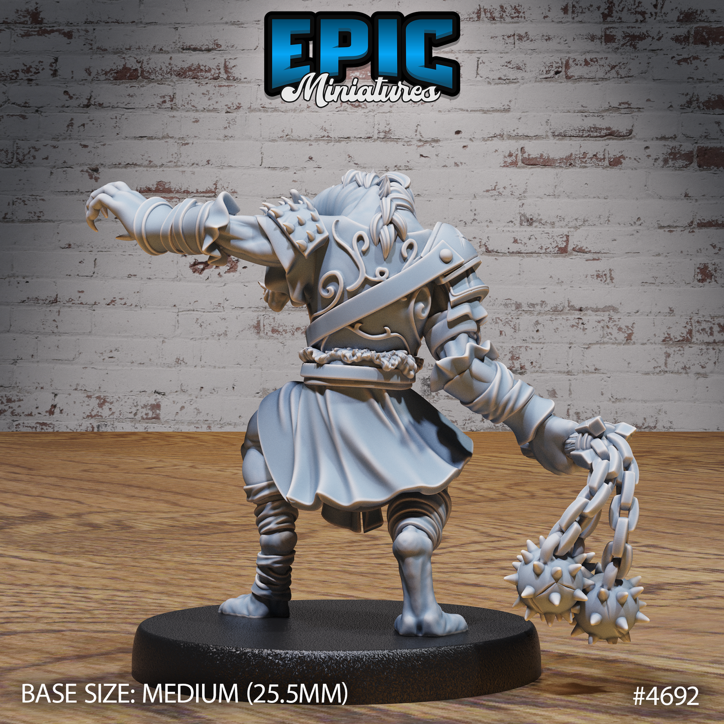 Rear three-quarter view of the same unpainted gnoll warrior miniature showing the full sweep of the spiked flail chain, detailed back armour strapping, flowing belted tunic, and aggressive forward-leaning stance on a 25.5mm round base