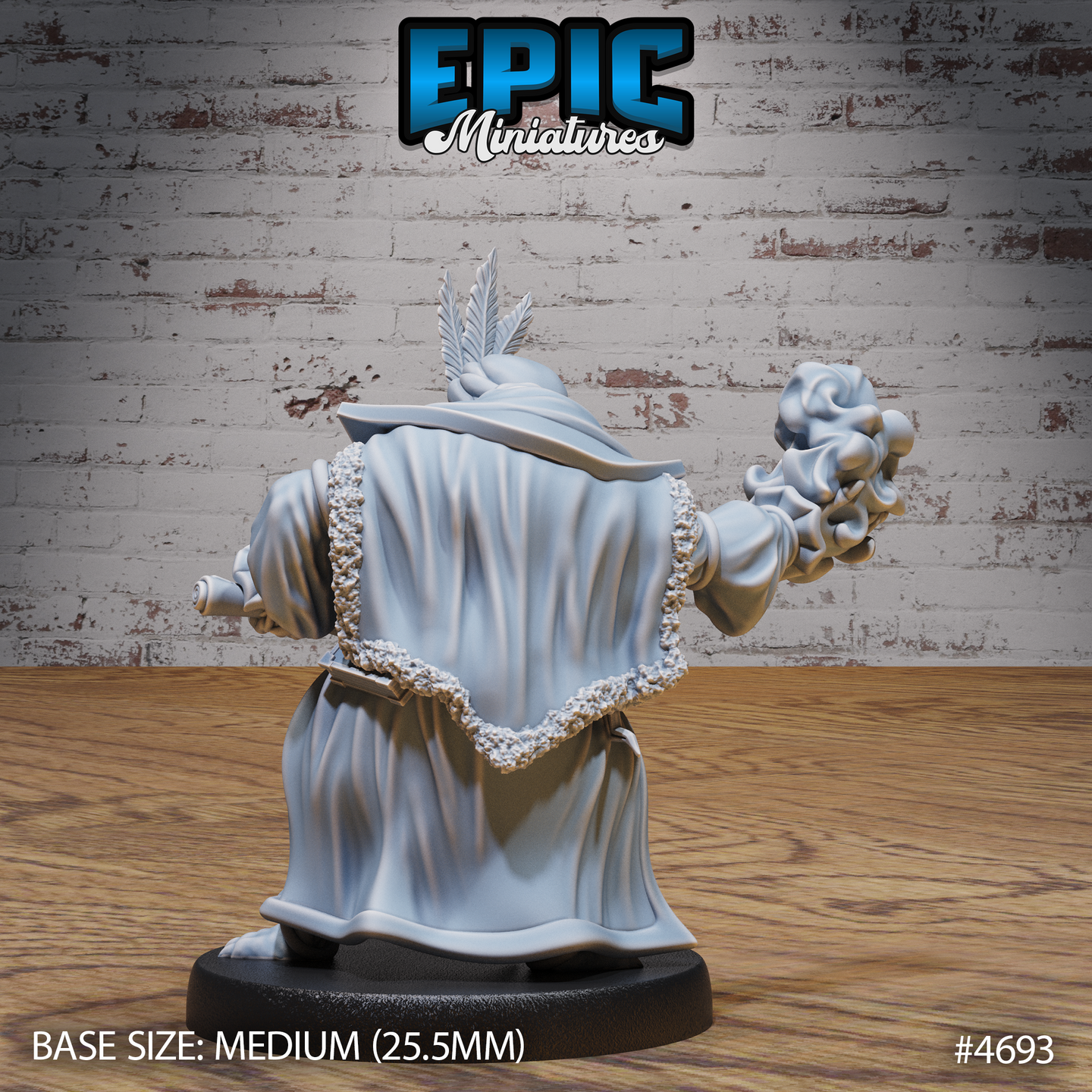 Rear view of the unpainted grey resin Gnoll Tribe Wizard miniature by Epic Miniatures — showing the deeply textured fur trim along the back of the ceremonial robe, the feathered headdress from behind, and the churning magical orb raised aloft in the right claw