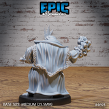 Rear view of the unpainted grey resin Gnoll Tribe Wizard miniature by Epic Miniatures — showing the deeply textured fur trim along the back of the ceremonial robe, the feathered headdress from behind, and the churning magical orb raised aloft in the right claw