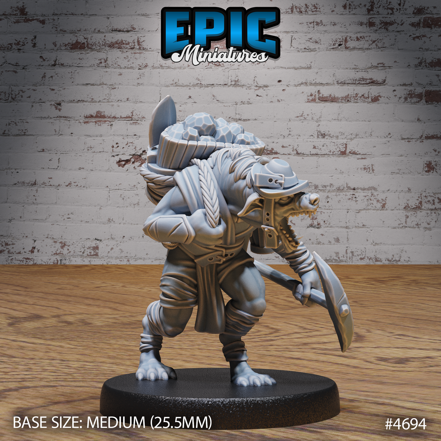 Front view of an unpainted grey resin Gnoll Tribe Miner miniature at 32mm scale — a hunched gnoll with an open snarling jaw, riveted pot helmet, and broad cleaver in hand, with a large rope-bound supply pack on its back, on a medium 25.5mm black base