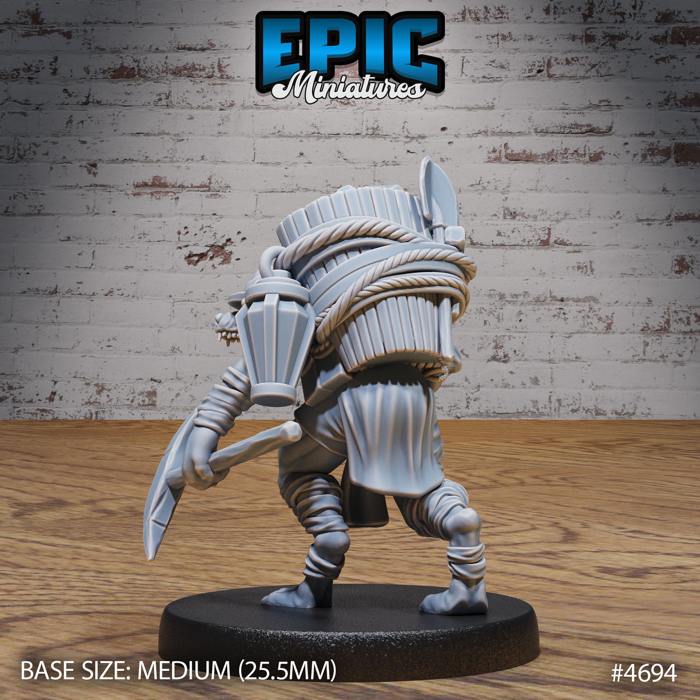 Rear three-quarter view of the unpainted grey resin Gnoll Tribe Miner miniature showing the intricately detailed back pack — tightly bound bundles, rope loops, and a blade handle jutting above the load, with cloth and cord wrappings visible across the torso and legs