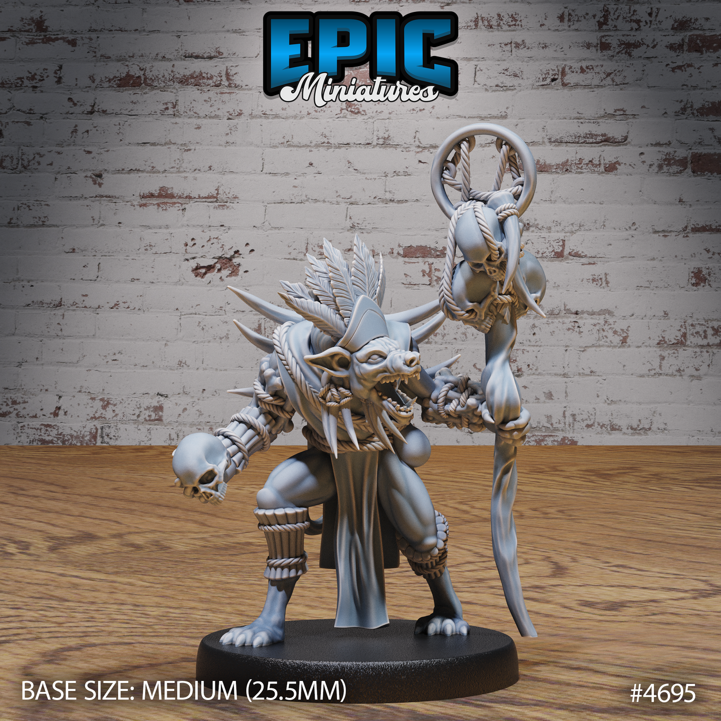 Front view of an unpainted grey resin Gnoll Tribe Shaman miniature by Epic Miniatures — a snarling gnoll in a wide aggressive stance, clutching a skull in one hand and a tall rope-and-skull totem staff in the other, adorned with feathers, curved tusks, and rope bindings, on a medium 25.5mm round base