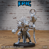 Front view of an unpainted grey resin Gnoll Tribe Shaman miniature by Epic Miniatures — a snarling gnoll in a wide aggressive stance, clutching a skull in one hand and a tall rope-and-skull totem staff in the other, adorned with feathers, curved tusks, and rope bindings, on a medium 25.5mm round base