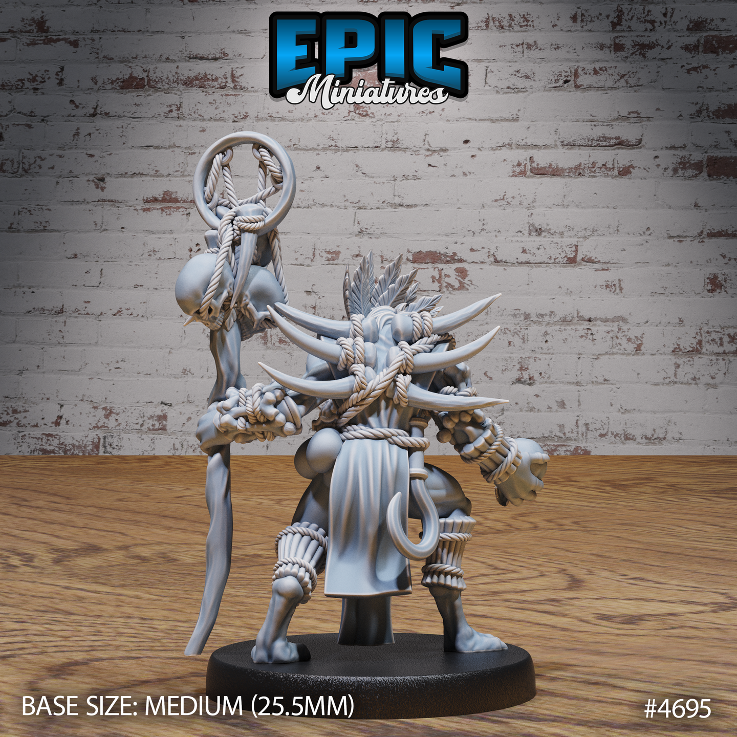 Rear view of the unpainted grey resin Gnoll Tribe Shaman miniature by Epic Miniatures — showing the large feather crest rising from the back, knotted rope wrappings across the arms and legs, hooked claws, and the full length of the sinuous totem staff with its noose and skull fetish at the crown