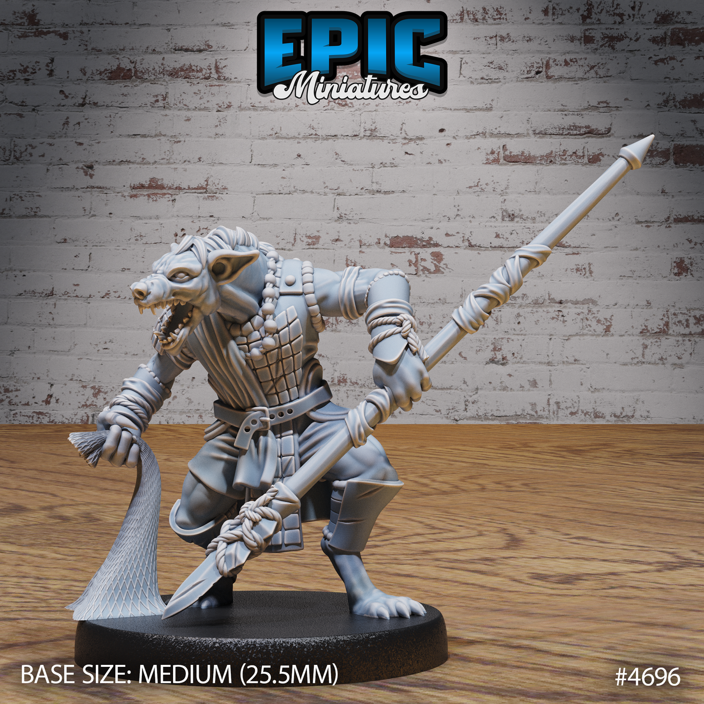 Front view of an unpainted grey resin 32mm gnoll warrior miniature by Epic Miniatures — snarling hyena-headed humanoid in a forward lunge, holding a rope-bound spear in one hand and a fish-scale net in the other, wearing beaded jewellery and scaled leather chest armour, on a 25.5mm medium round base