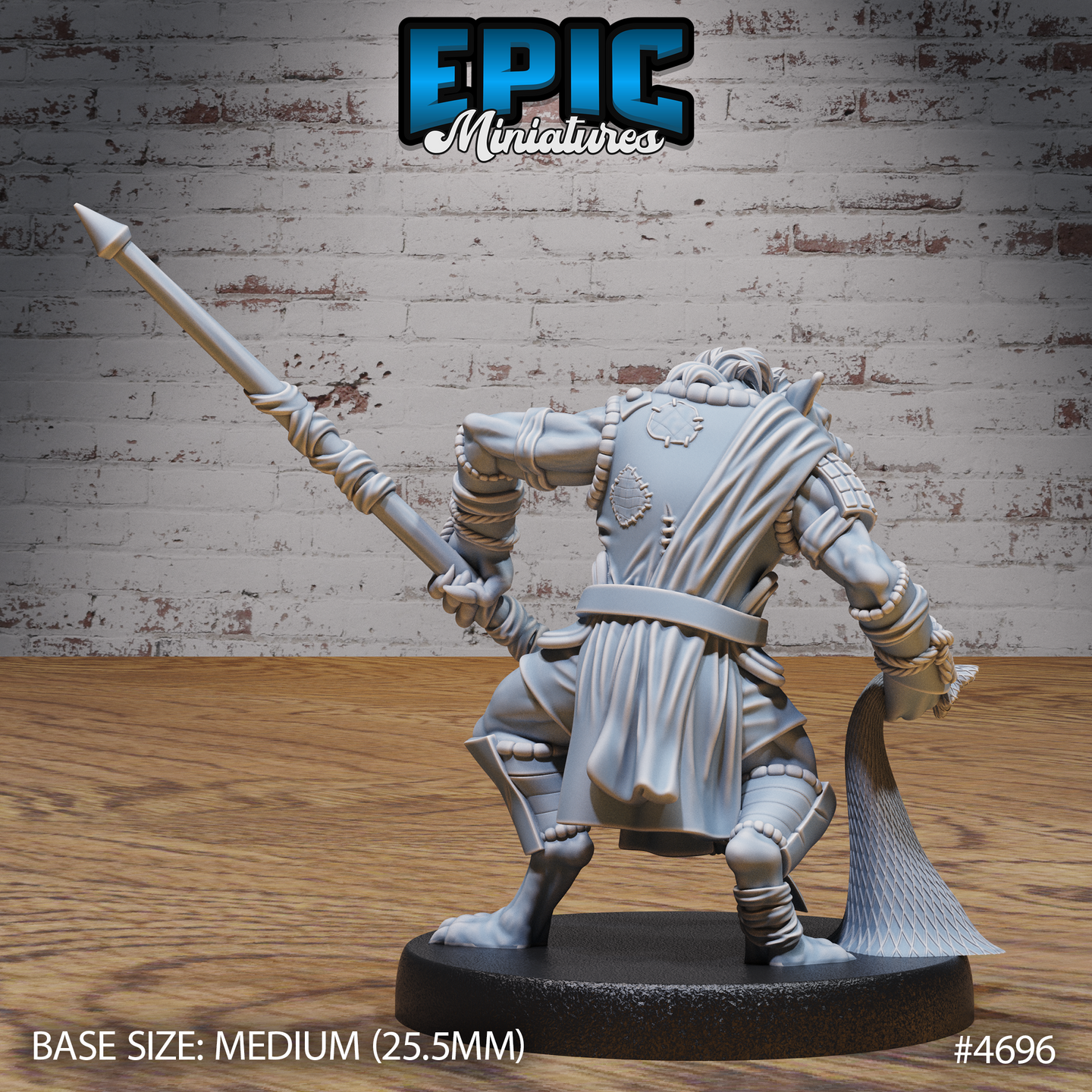 Rear view of the same unpainted grey resin gnoll warrior miniature by Epic Miniatures — showing rope-bound spear raised overhead, draped fabric tail piece, clan emblem embossed on rear armour plate, and fish-scale net trailing behind, on a 25.5mm medium round base