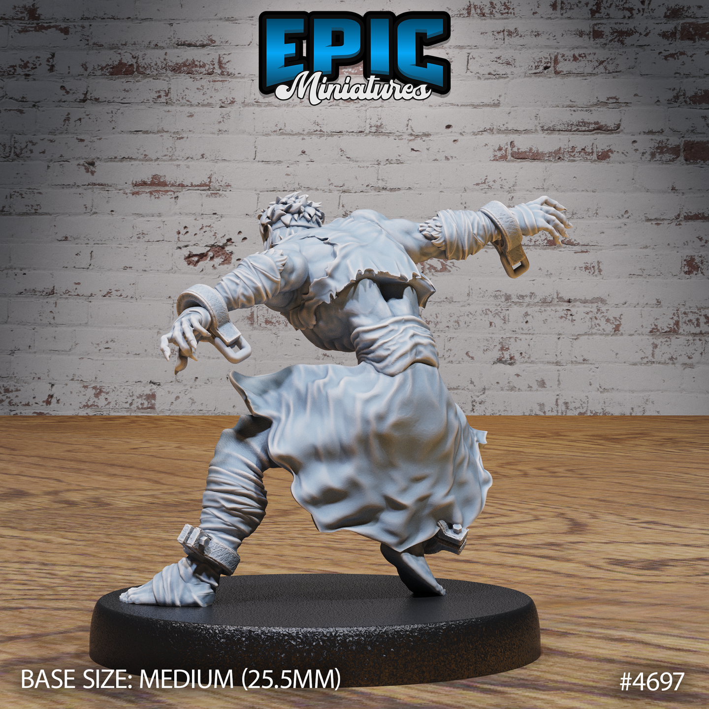 Rear three-quarter view of the same unpainted grey resin savage escapee miniature, showing the flowing tattered coat, shackle cuffs on both wrists, wrapped forearms, bare feet, and the dynamic lunging posture from behind