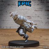 Unpainted grey resin miniature of a male human in ragged torn clothing sprinting forward, one foot raised mid-stride, arms driving forward with wrapped hands, on a 25.5mm round black base — front view