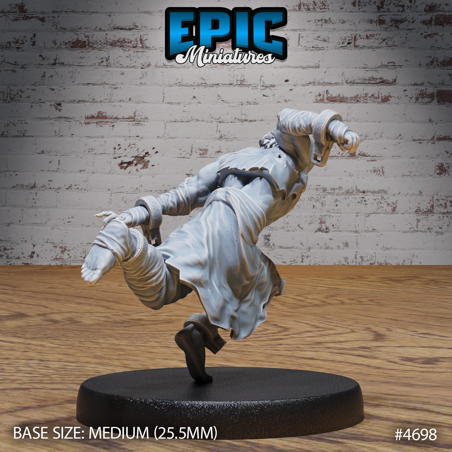 Rear view of the same unpainted grey resin Savage Escapee Run miniature showing a billowing coat, driving rear leg, and tucked chin mid-sprint, on a 25.5mm round black base