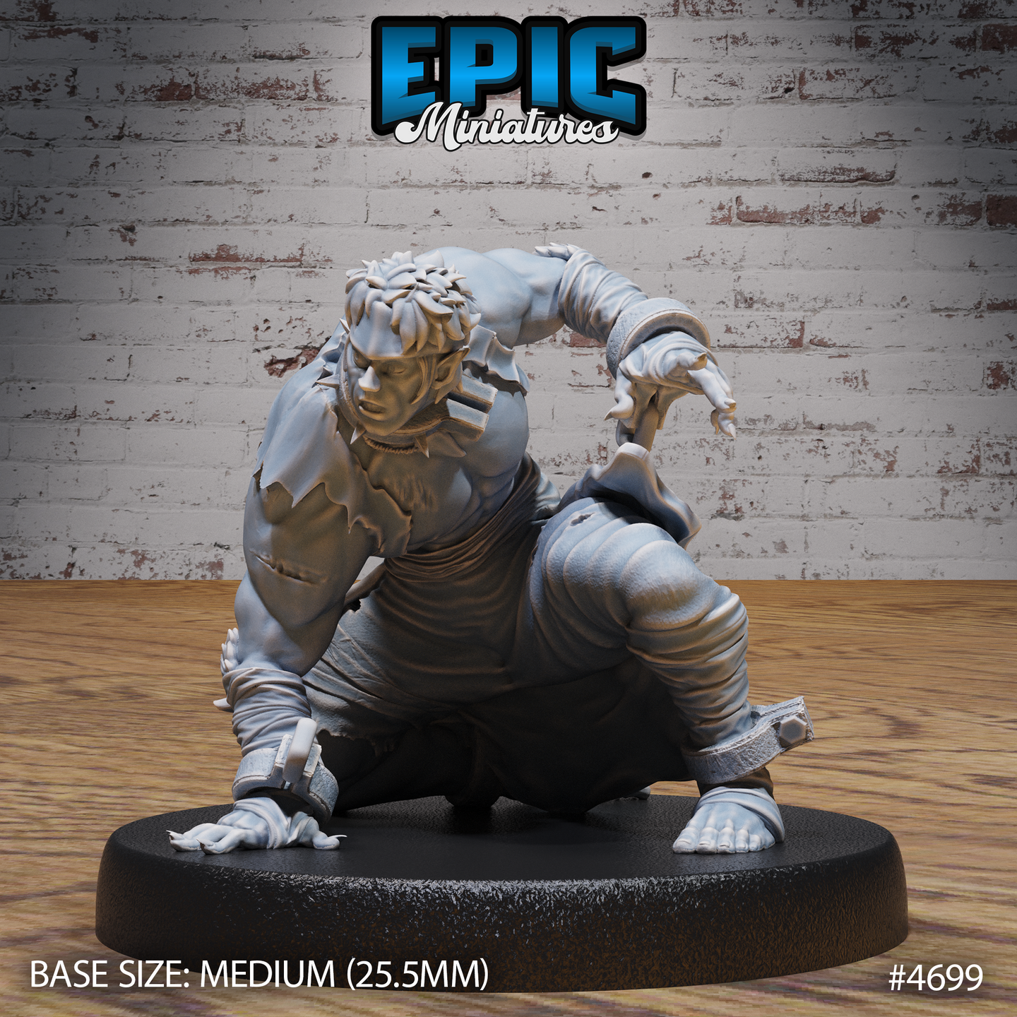 Front view of an unpainted grey resin 32mm miniature of a muscular male human in a crouching combat stance, wearing torn clothing with shackles on his bare feet, one hand on the ground and one raised, mounted on a medium 25.5mm round base — Epic Miniatures sculpt #4699