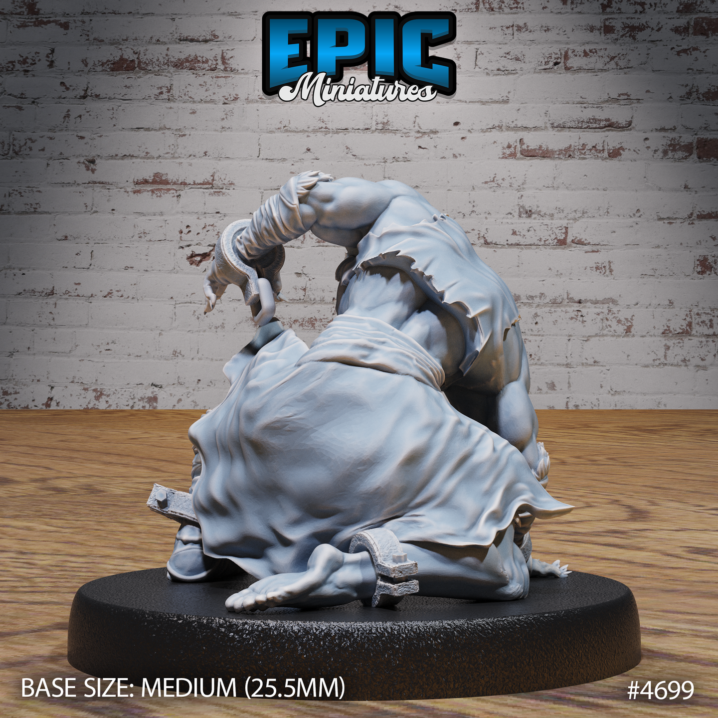 Rear three-quarter view of the same unpainted grey resin miniature showing the detailed folds of torn gi-like garments billowing behind the crouching figure, chain shackles visible at the ankles, on a medium 25.5mm round base — Epic Miniatures sculpt #4699