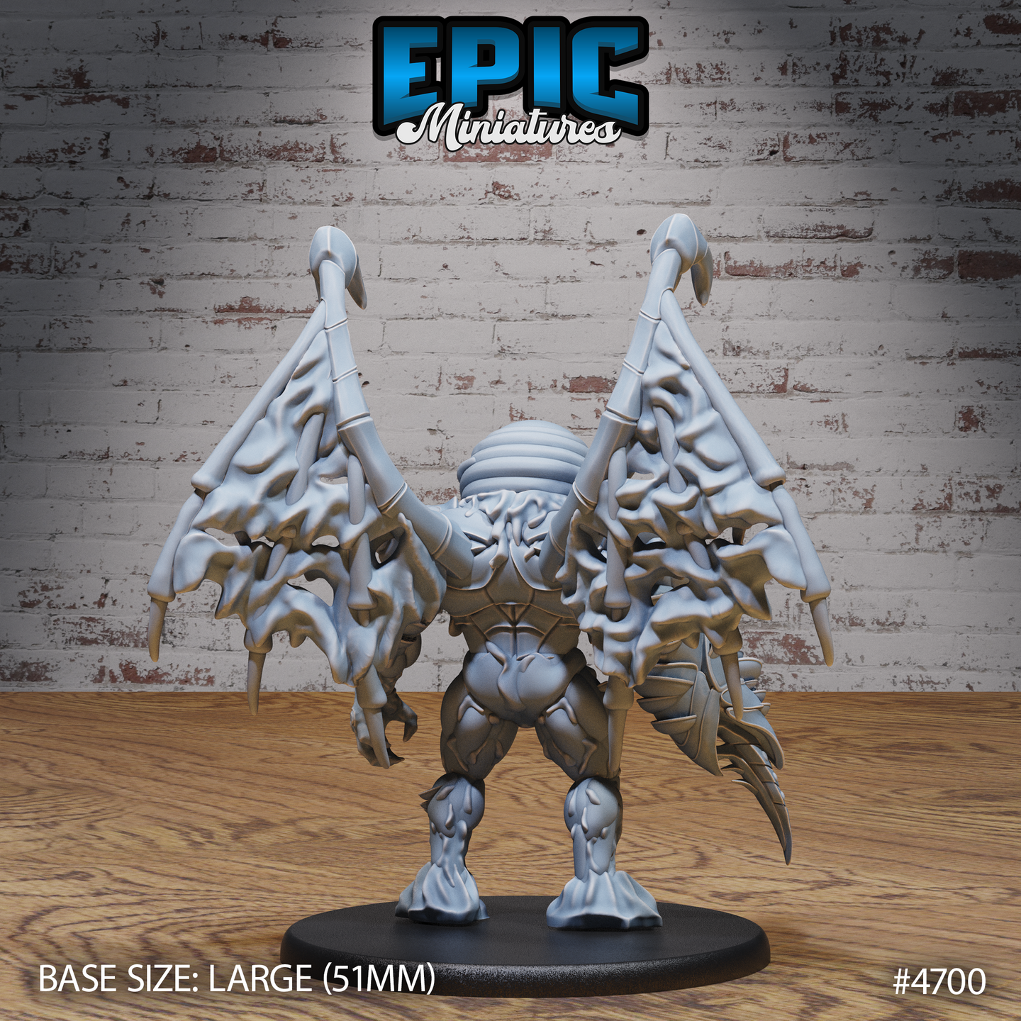 Rear view of the Wasp Hive Golem miniature — showing the full ragged wingspan with articulated bone spurs, deeply textured back musculature, chitin plating continuing down the legs to clawed feet, and a secondary bladed limb visible at the flank, unpainted grey resin on a 51mm base