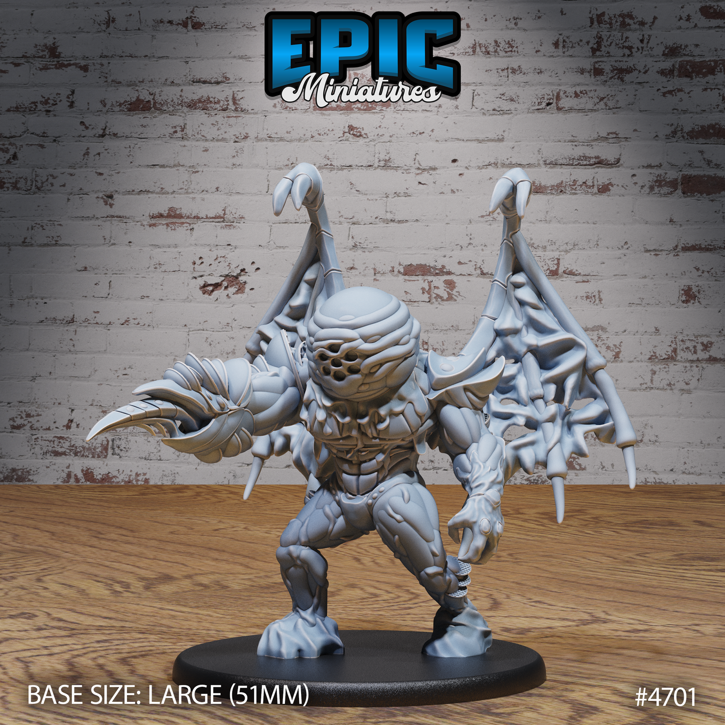 Front view of an unpainted grey resin Wasp Hive Golem miniature on a 51mm large base — wide aggressive stance, chitinous torso, compound-pit face, large membranous wings spread wide, one arm ending in layered blade-like claws and the other in hooked talons, by Epic Miniatures