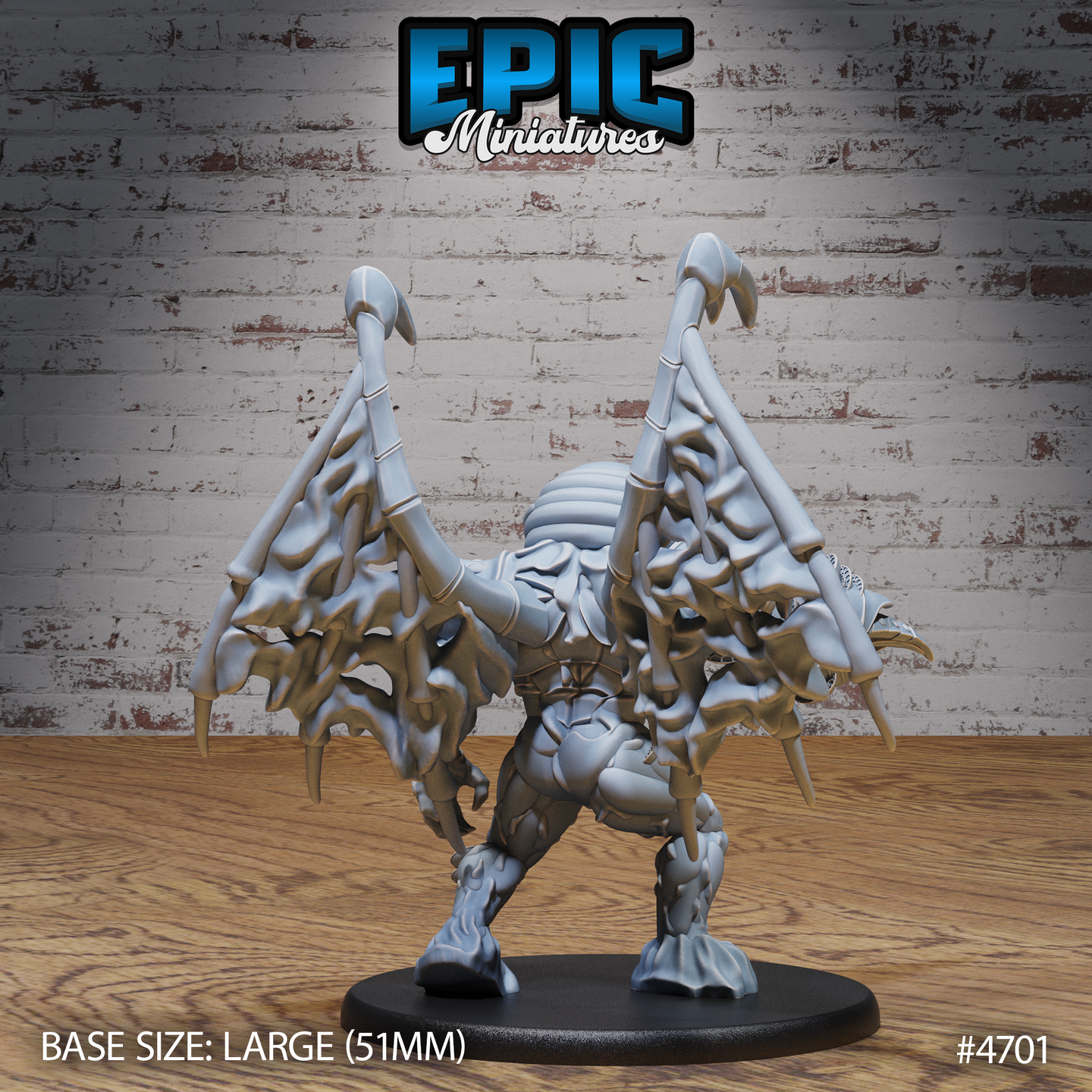Rear view of an unpainted grey resin Wasp Hive Golem miniature on a 51mm large base — full wingspan visible with two large triangular wing panels supported by segmented bone struts, spines along wing edges, heavily textured organic surface detail, by Epic Miniatures