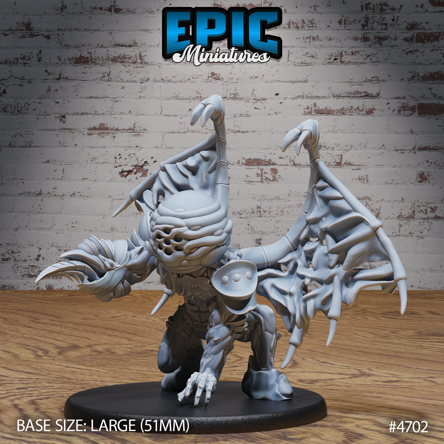 Front view of an unpainted grey resin Wasp Hive Golem miniature on a 51mm large base, showing segmented chitinous torso, one massive serrated claw, tattered bone-framed wings spread wide, raised hooked fore-limbs, and hollow chambers across the body — by Epic Miniatures