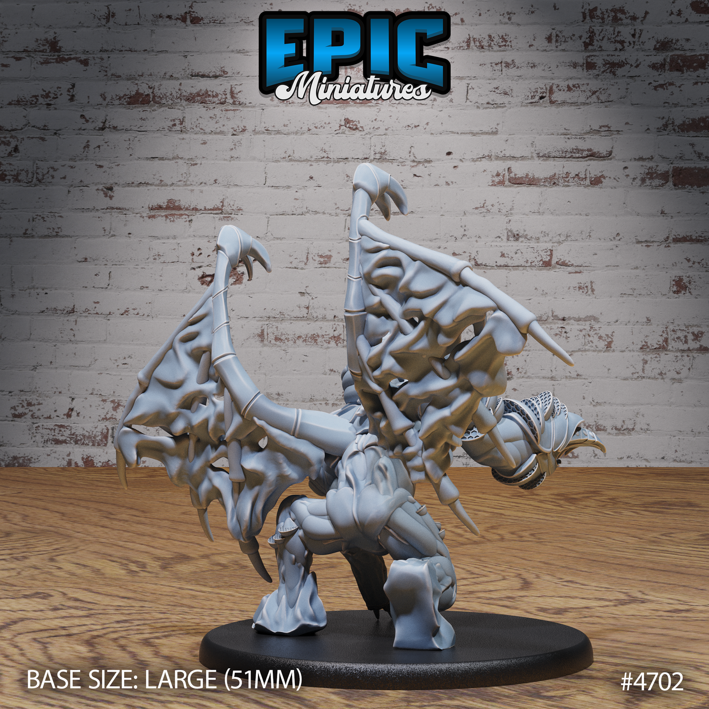 Rear three-quarter view of the unpainted grey resin Wasp Hive Golem miniature on a 51mm large base, showing the full spread of membrane wings with curved chitin spurs, spined back, segmented legs, and the claw detail visible at the side — by Epic Miniatures