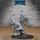Rear three-quarter view of the unpainted grey resin Wasp Hive Golem miniature on a 51mm large base, showing the full spread of membrane wings with curved chitin spurs, spined back, segmented legs, and the claw detail visible at the side — by Epic Miniatures